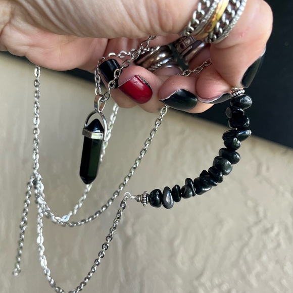 Set ! Black obsidian bullet necklace + mayching dangly earrings goth boho celtic - Picture 6 of 14